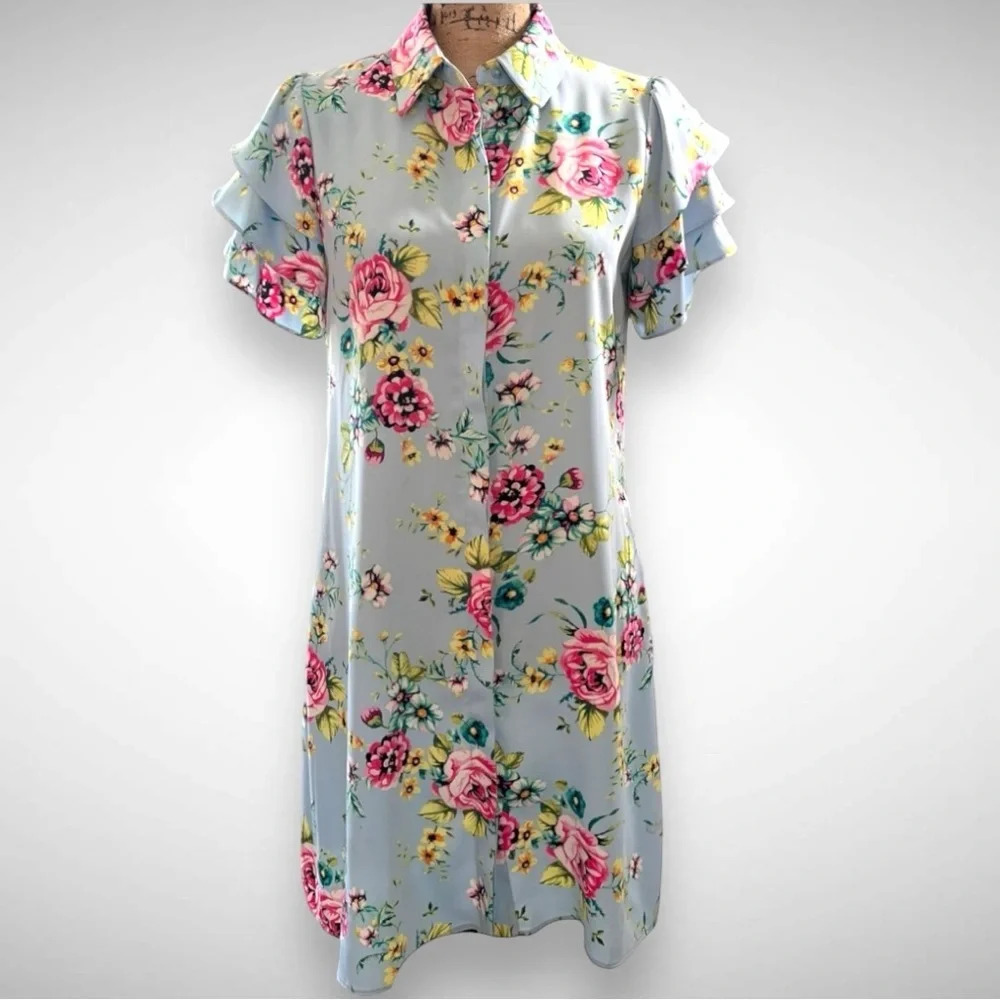 LAUNDRY BY SHELLI SEGAL Women's Light Blue Floral Shirt Dress XS‎ | EUC